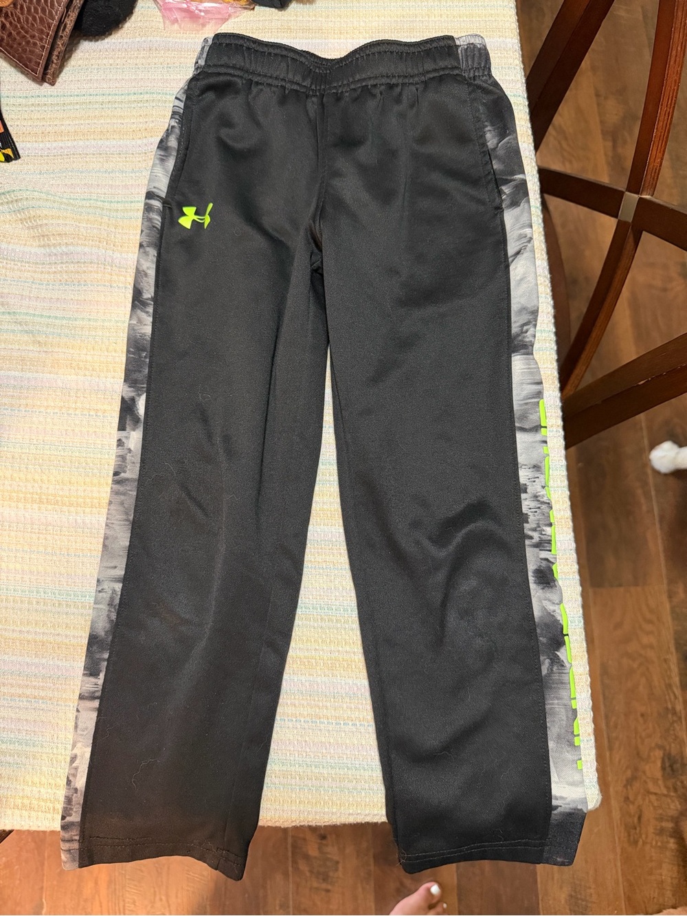 Under Armour Black Sweatpants with Gray Camo Side Stripes and Neon Accent